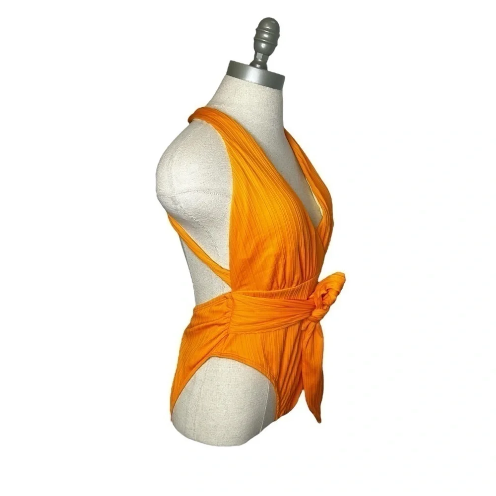 Cupshe Orange Retro Rib Surplice Sash Texture Belt One Piece Swimsuit Sz Medium